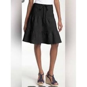 Allen Allen Black 100% Linen Tiered Midi Skirt Large Drawstring Boho hl2000b-n